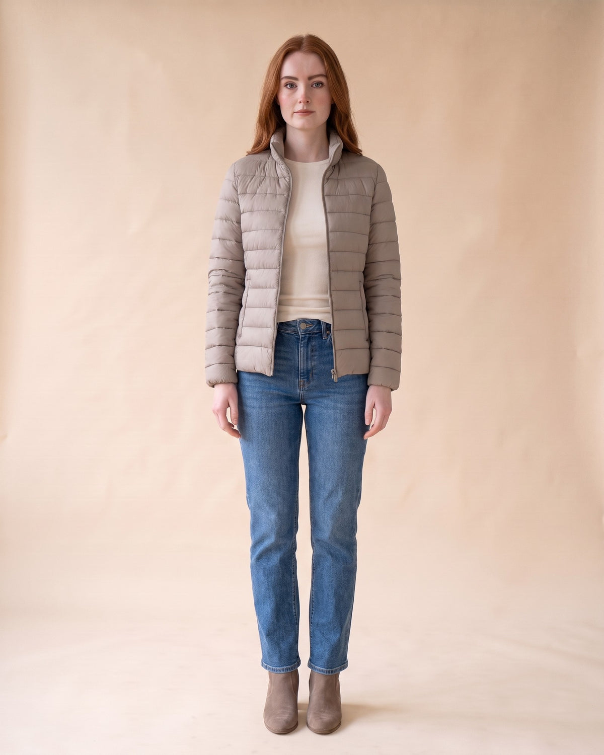 Lightweight Puffer Jacket in Grey, full-length front view on model