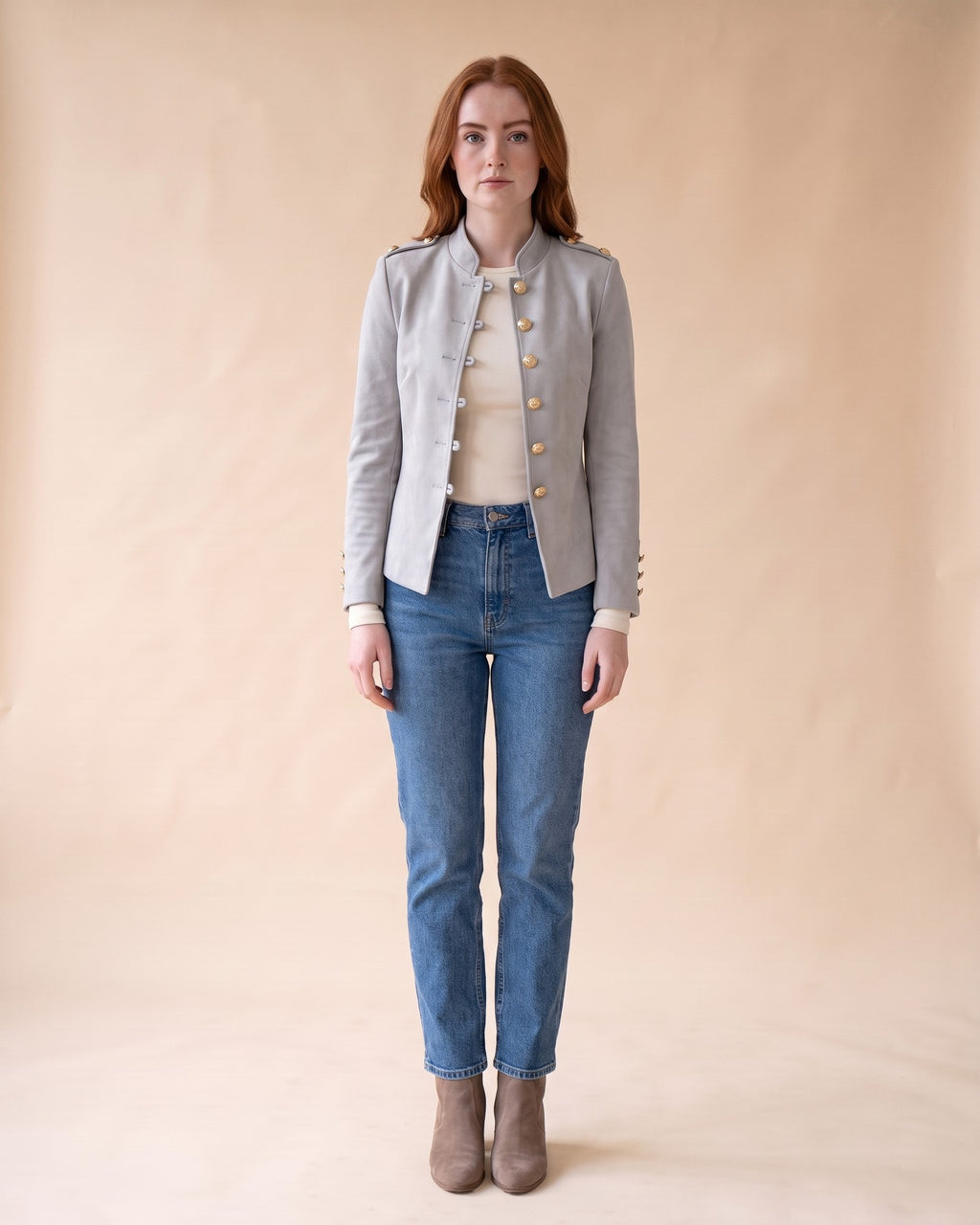 Military-Style Blazer in Grey, full-length front view on model