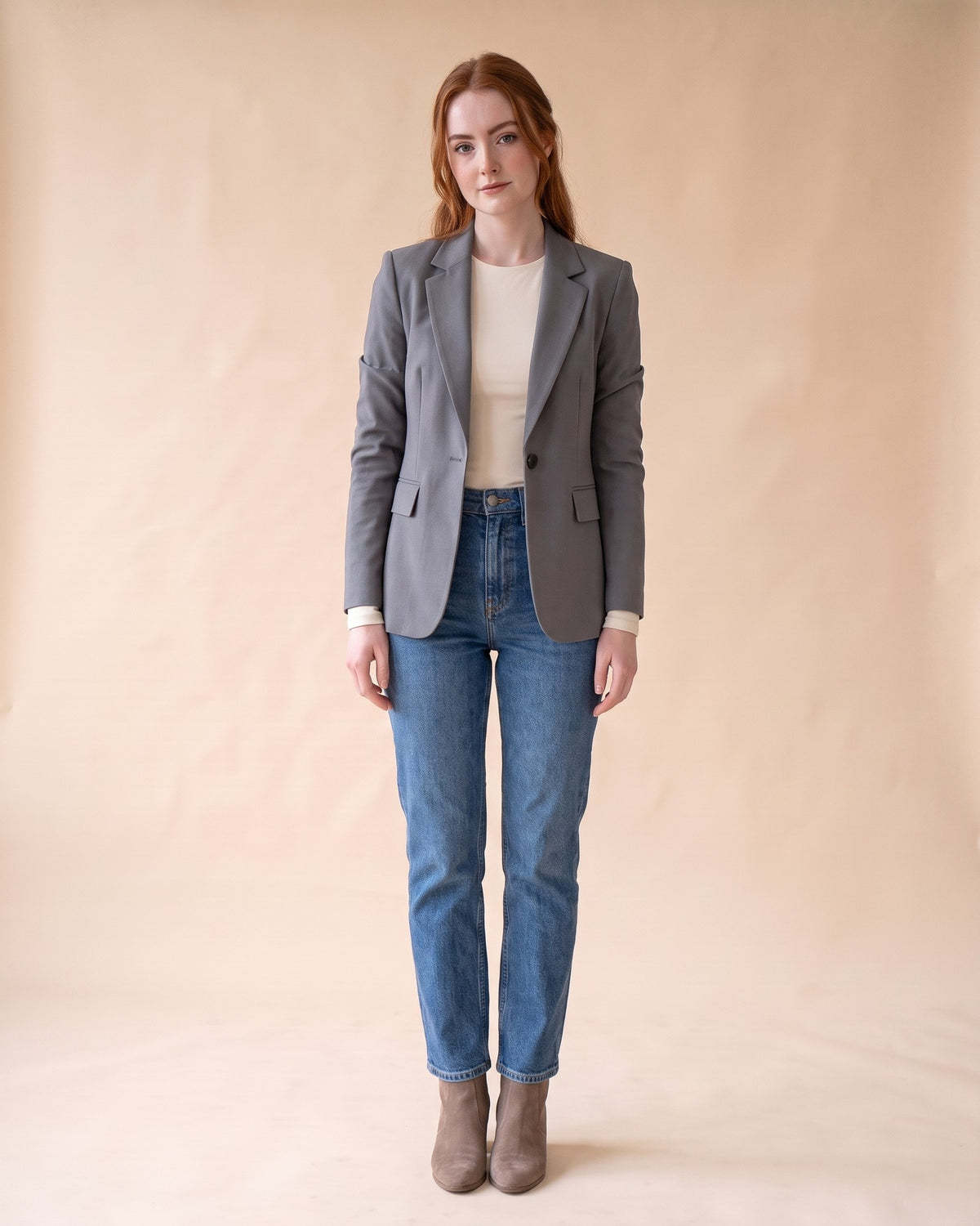 Classic Fitted Blazer in Grey, full-length front view on model
