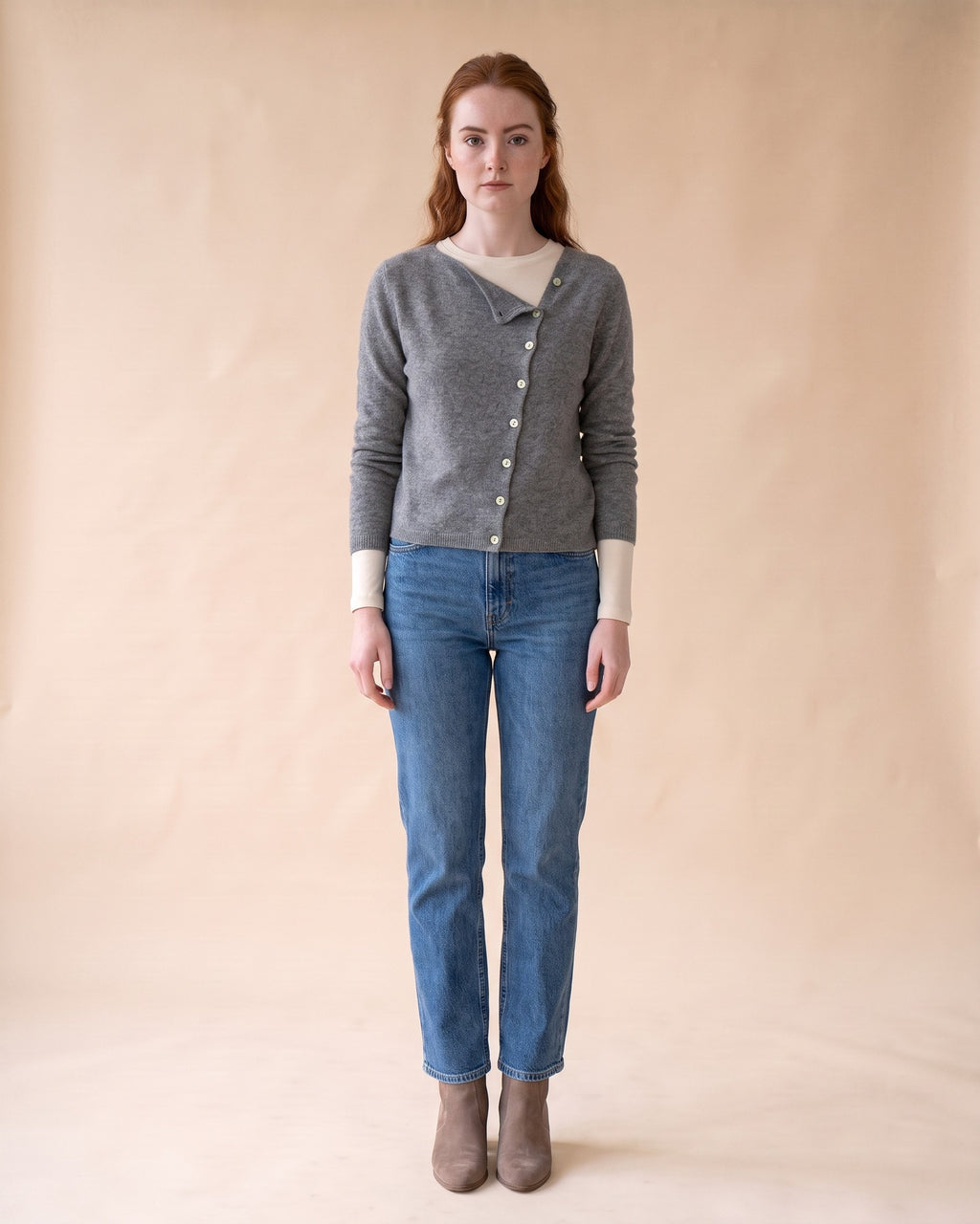 Asymmetric V-Neck Cardigan in Grey, full-length front view on model