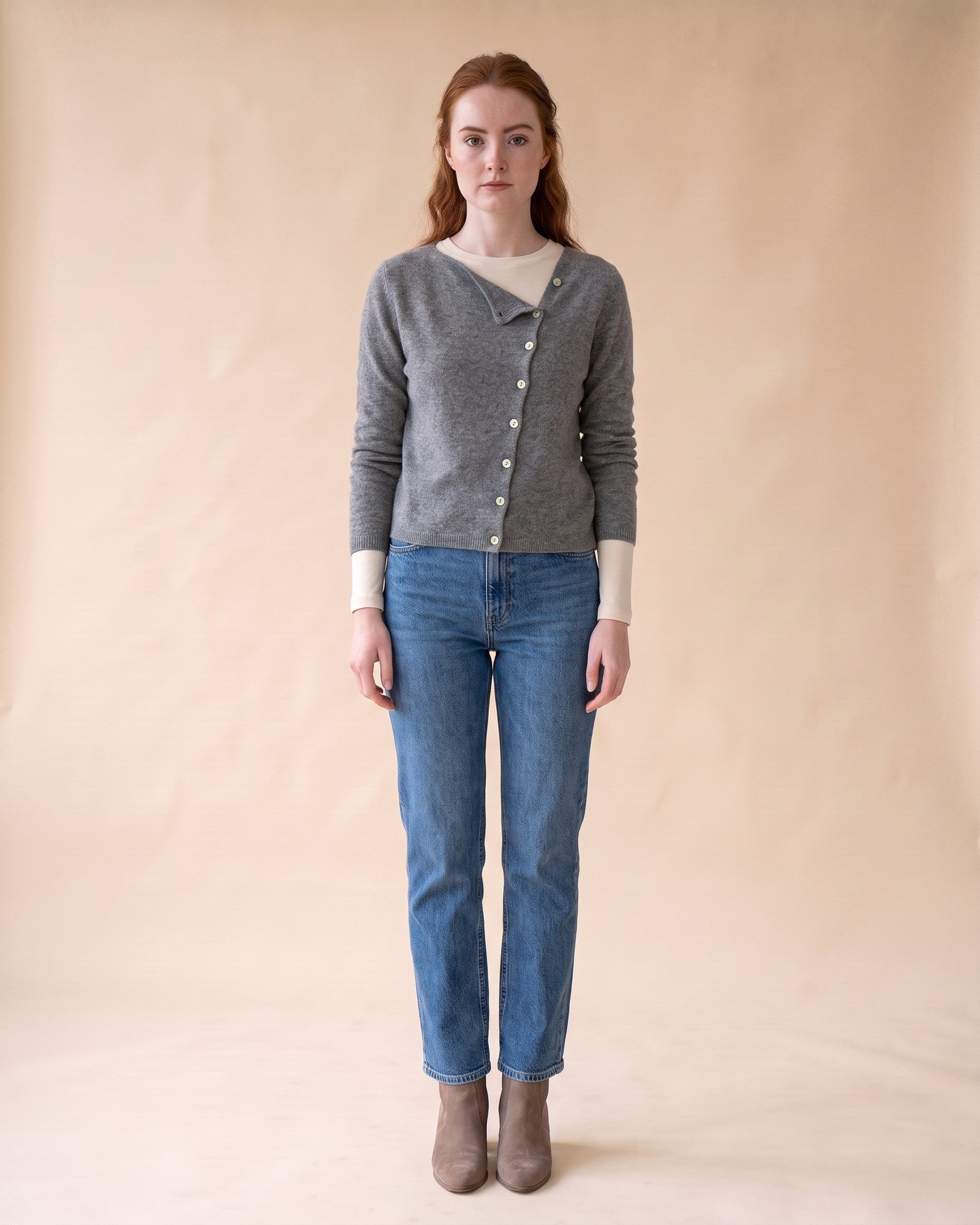 Asymmetric V-Neck Cardigan in Grey, full-length front view on model