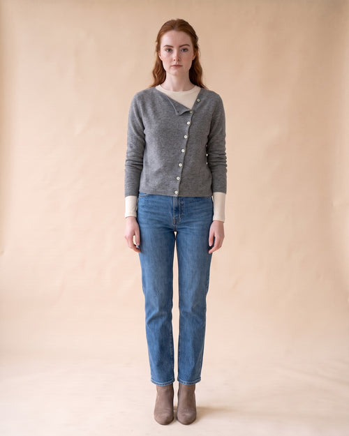 Asymmetric V-Neck Cardigan in Grey, full-length front view on model