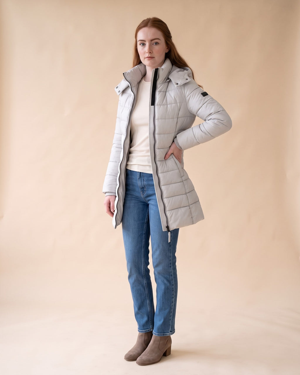 Long Quilted Puffer in Grey, styled full-length view on model