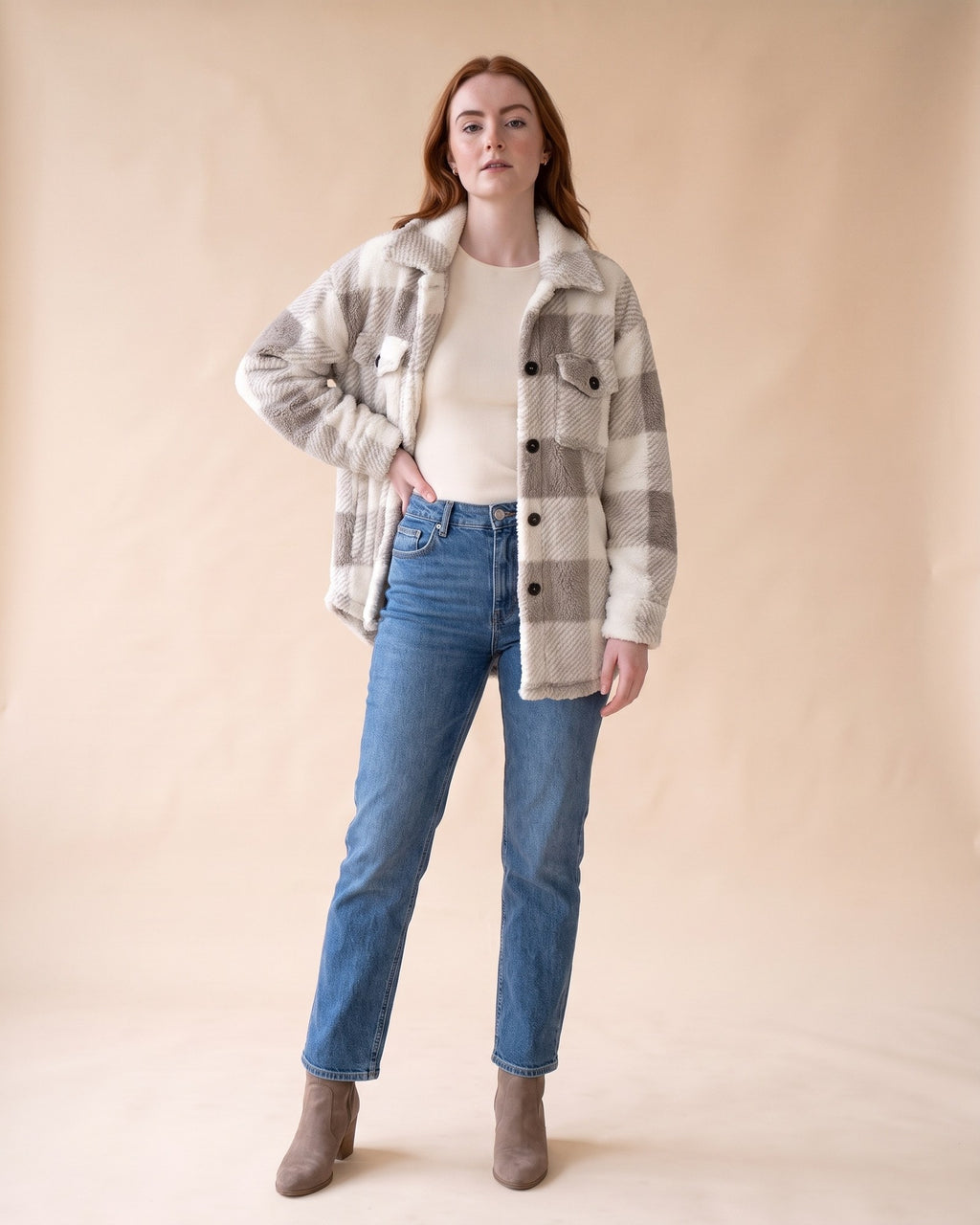 Plush Sherpa Shacket in Grey, styled full-length view on model