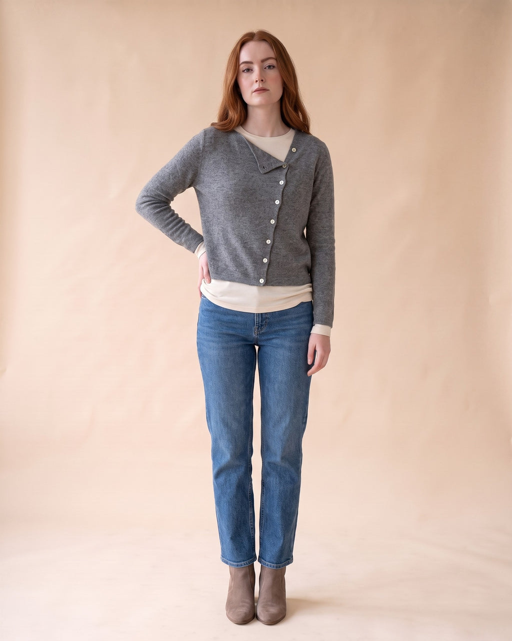 Asymmetric V-Neck Cardigan in Grey, styled full-length view on model