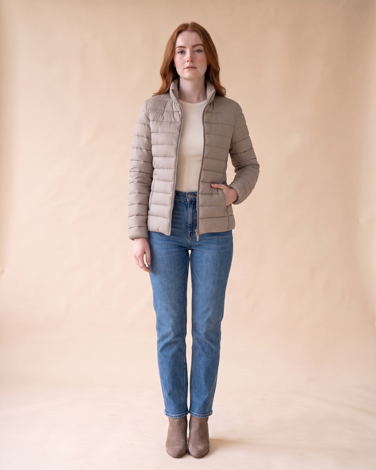 Lightweight Puffer Jacket in Grey, styled full-length view on model