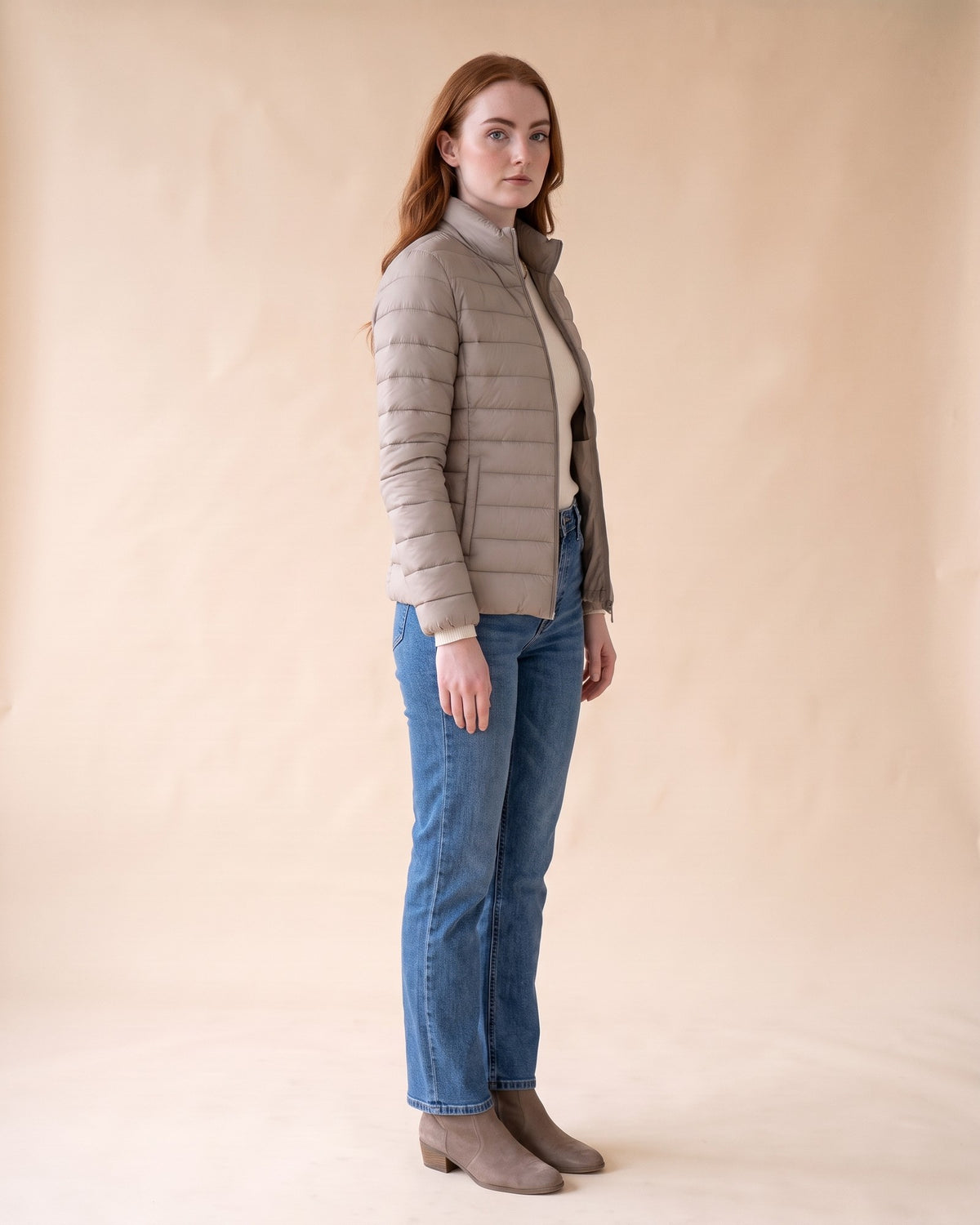 Lightweight Puffer Jacket in Grey, full-length side view on model
