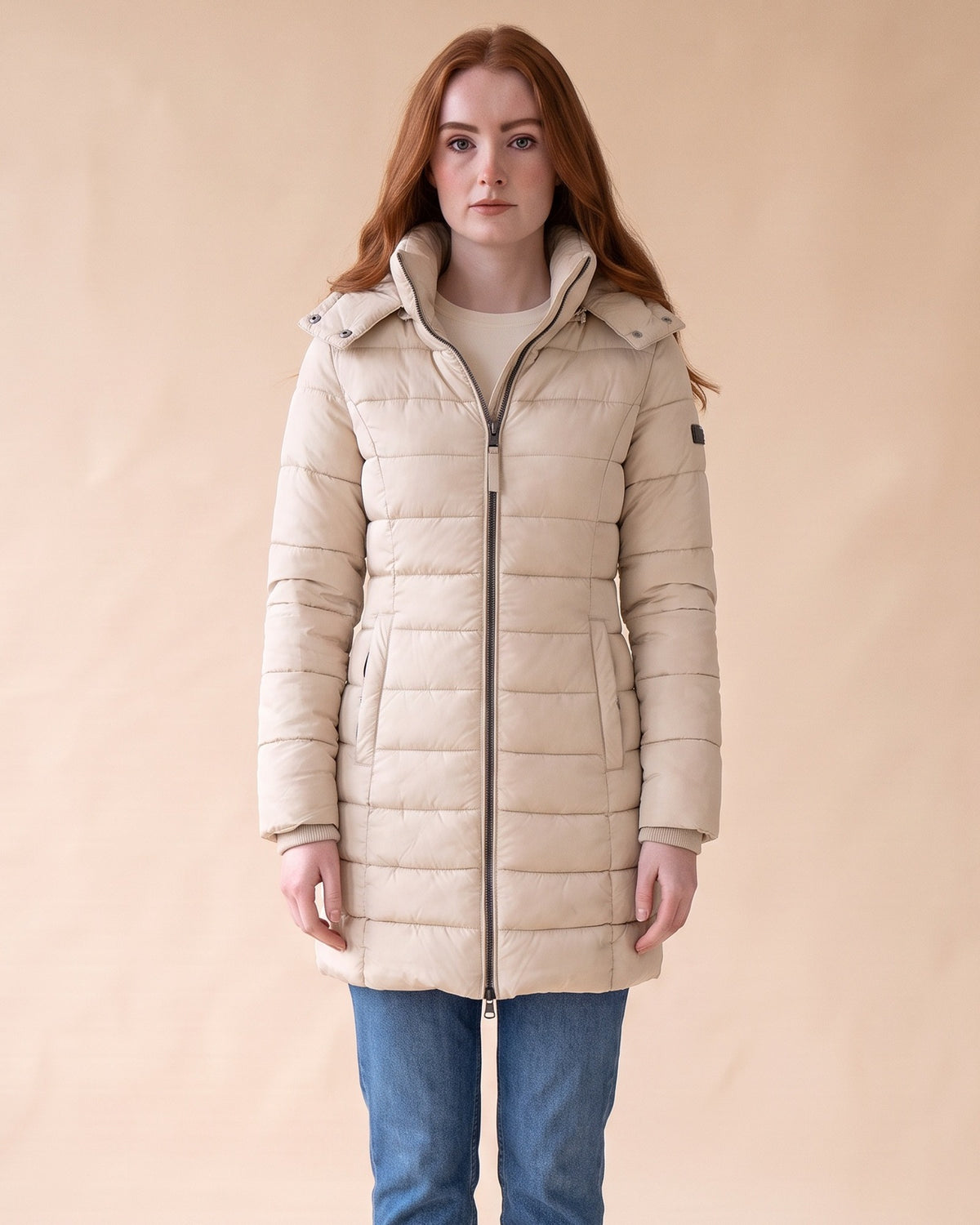 Long Quilted Puffer in Khaki, front view on model