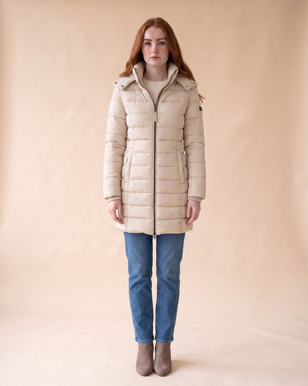 Long Quilted Puffer in Khaki, full-length front view on model