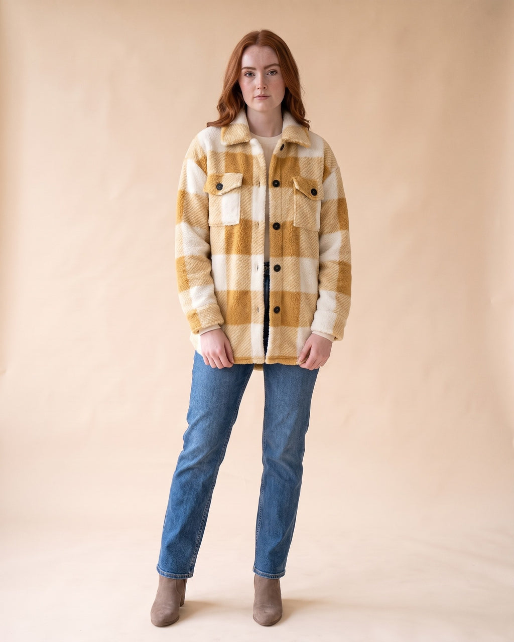 Plush Sherpa Shacket in Khaki, full-length front view on model