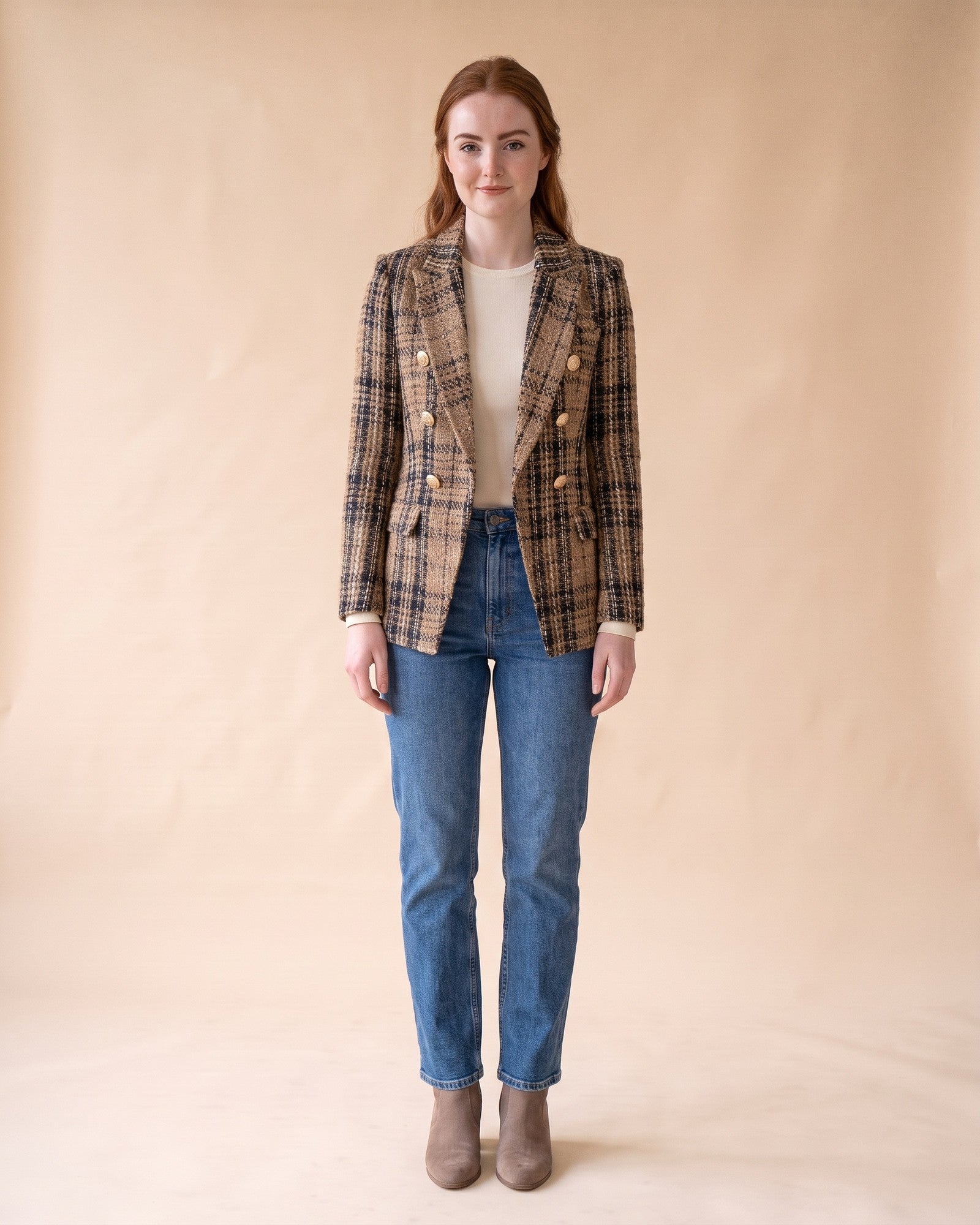 Plaid Tweed Blazer in Khaki, full-length front view on model