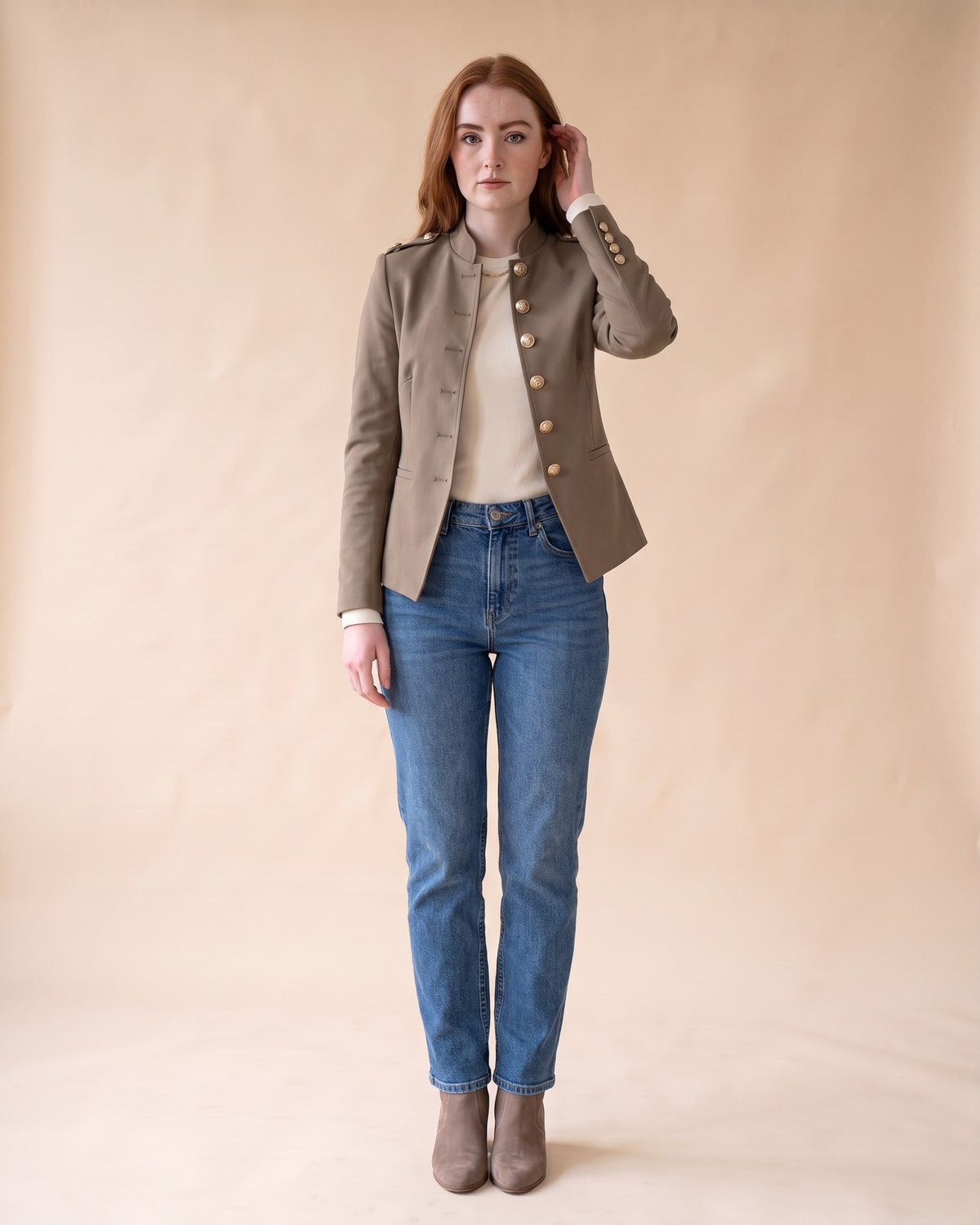 Military-Style Blazer in Khaki, full-length front view on model