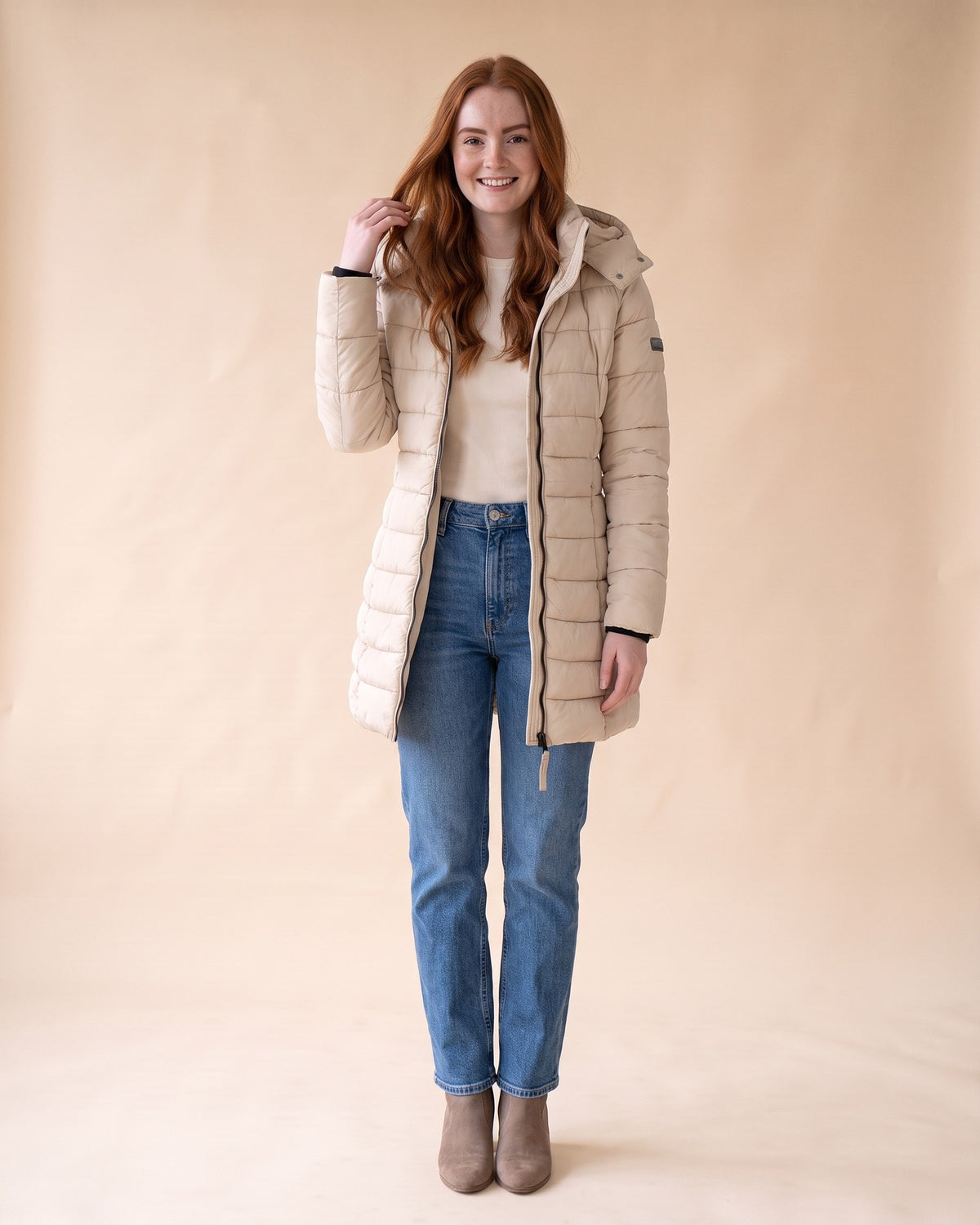 Long Quilted Puffer in Khaki, styled full-length view on model