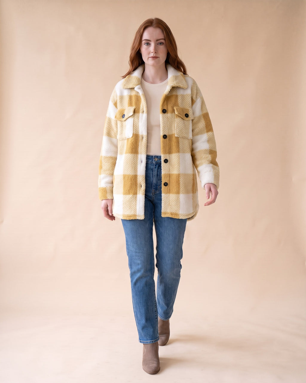 Plush Sherpa Shacket in Khaki, styled full-length view on model