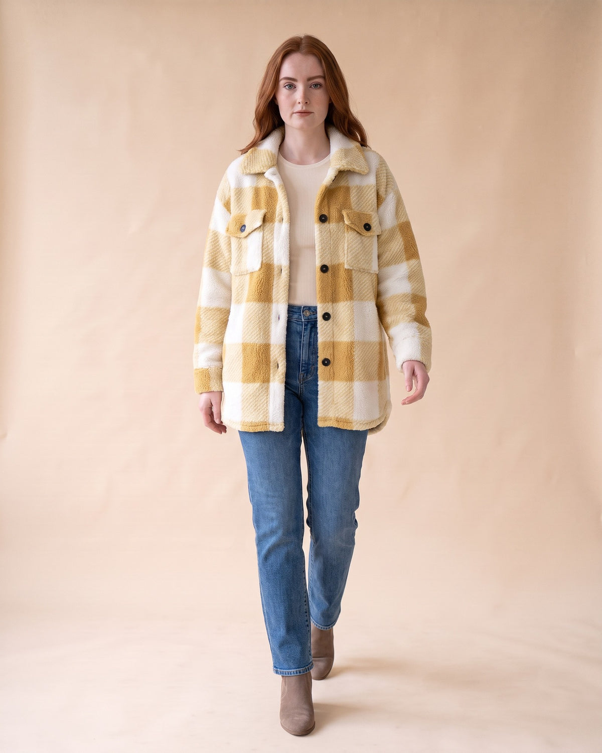 Plush Sherpa Shacket in Khaki, styled full-length view on model
