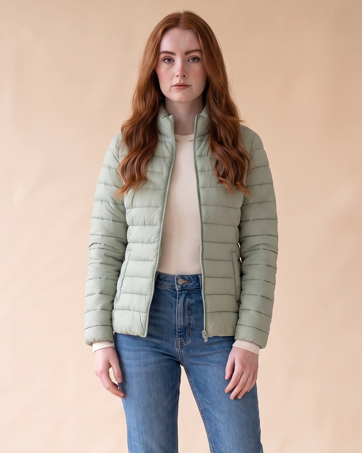 Lightweight Puffer Jacket in Matcha, front view on model