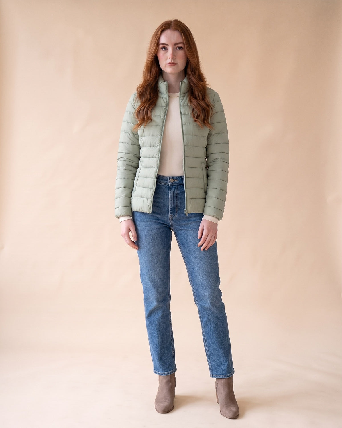 Lightweight Puffer Jacket in Matcha, full-length front view on model