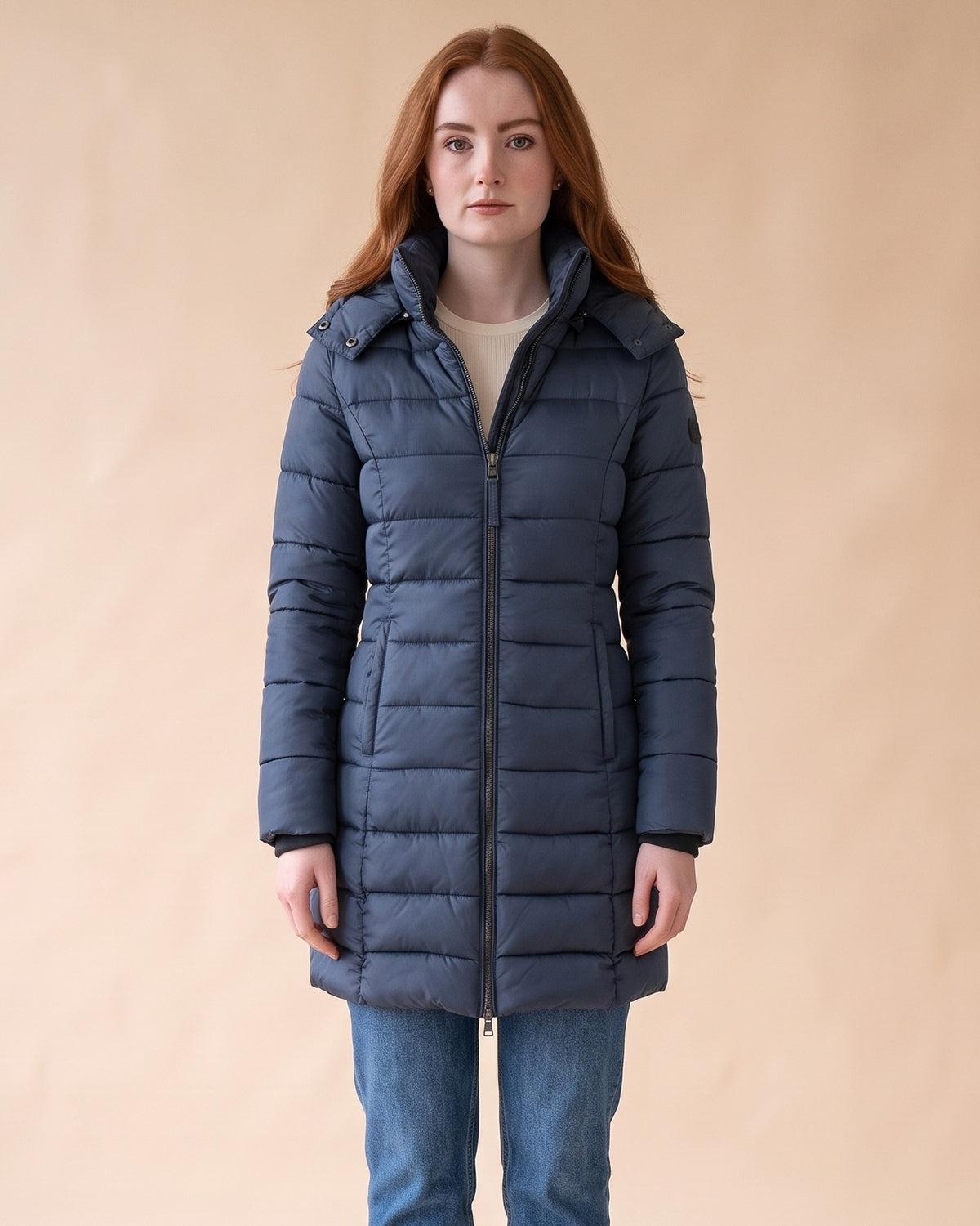Long Quilted Puffer in Navy Blue, front view on model