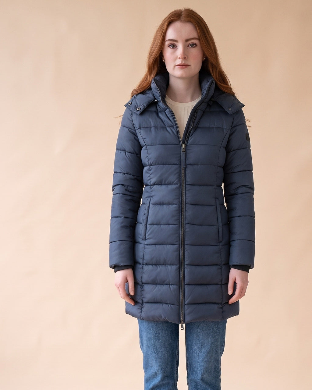 Long Quilted Puffer in Navy Blue, front view on model