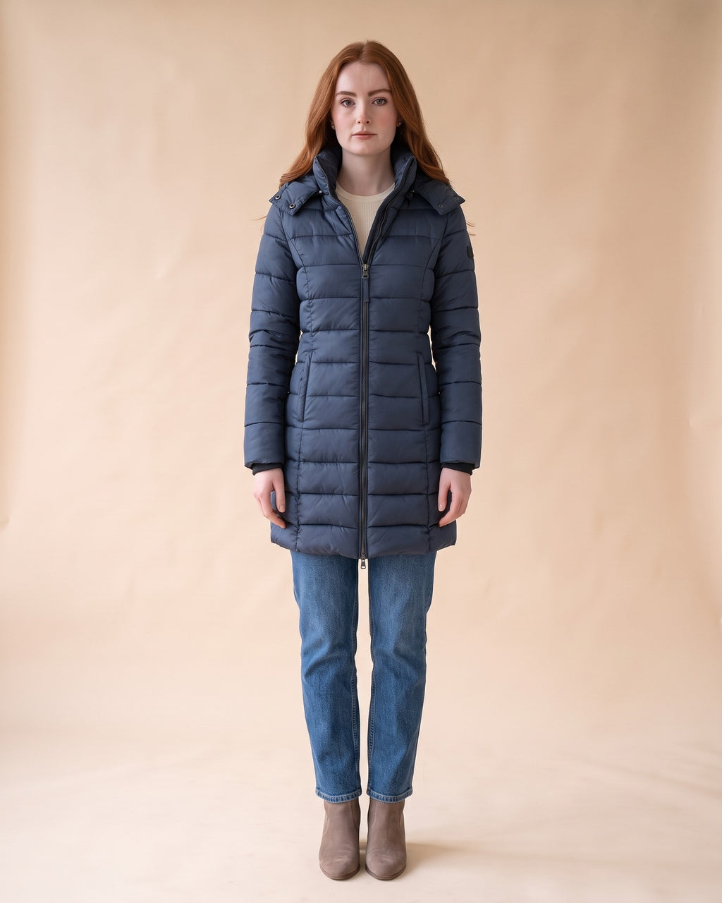 Long Quilted Puffer in Navy Blue, full-length front view on model