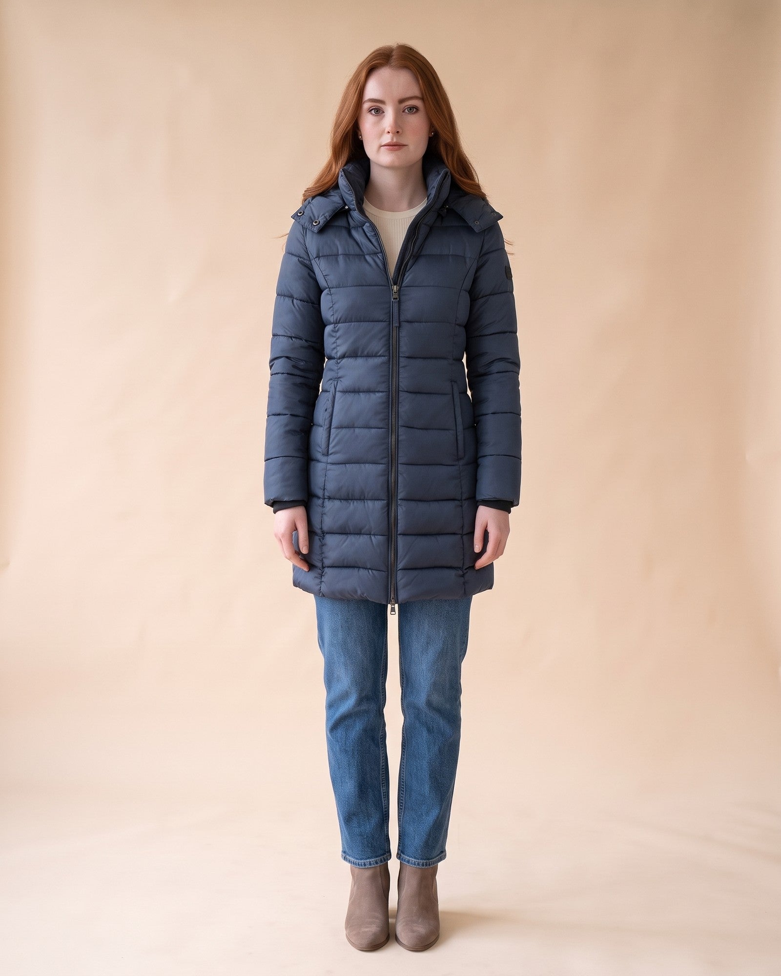 Long Quilted Puffer in Navy Blue, full-length front view on model