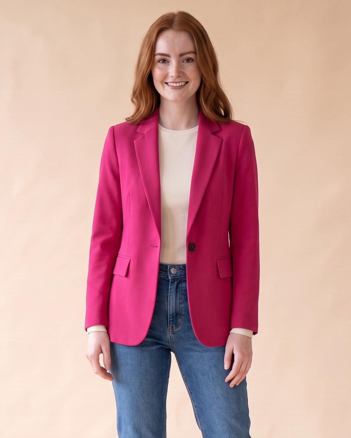 Classic Fitted Blazer in Pink, front view on model