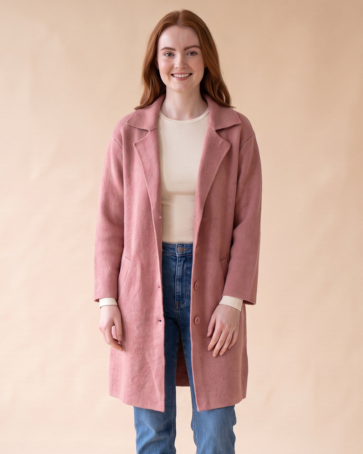 Notched Collar Cardigan in Pink, front view on model