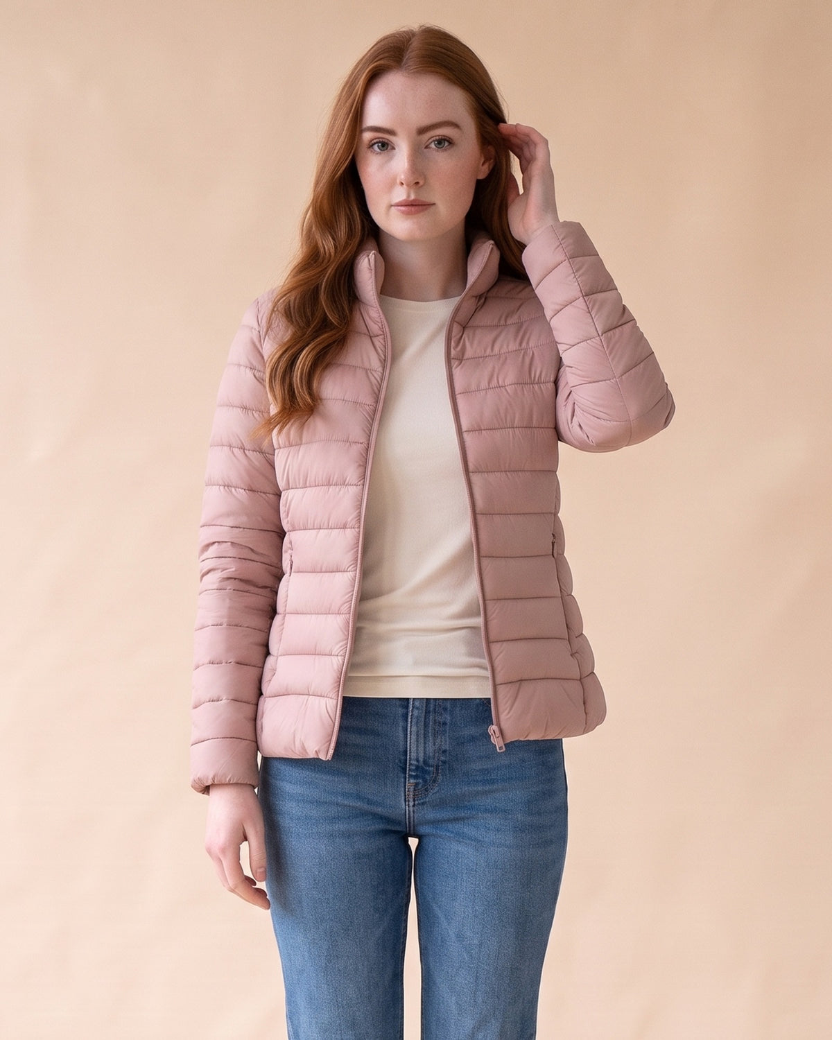 Lightweight Puffer Jacket in Pink, front view on model