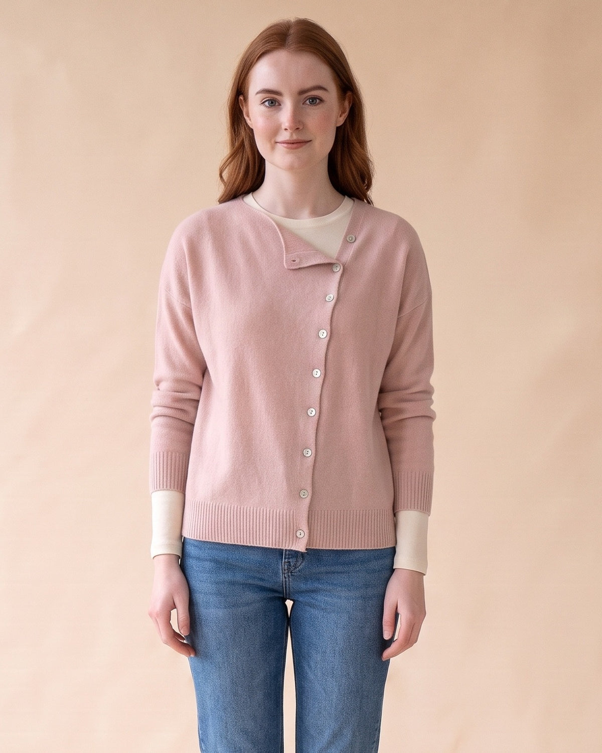 Asymmetric V-Neck Cardigan in Pink, front view on model