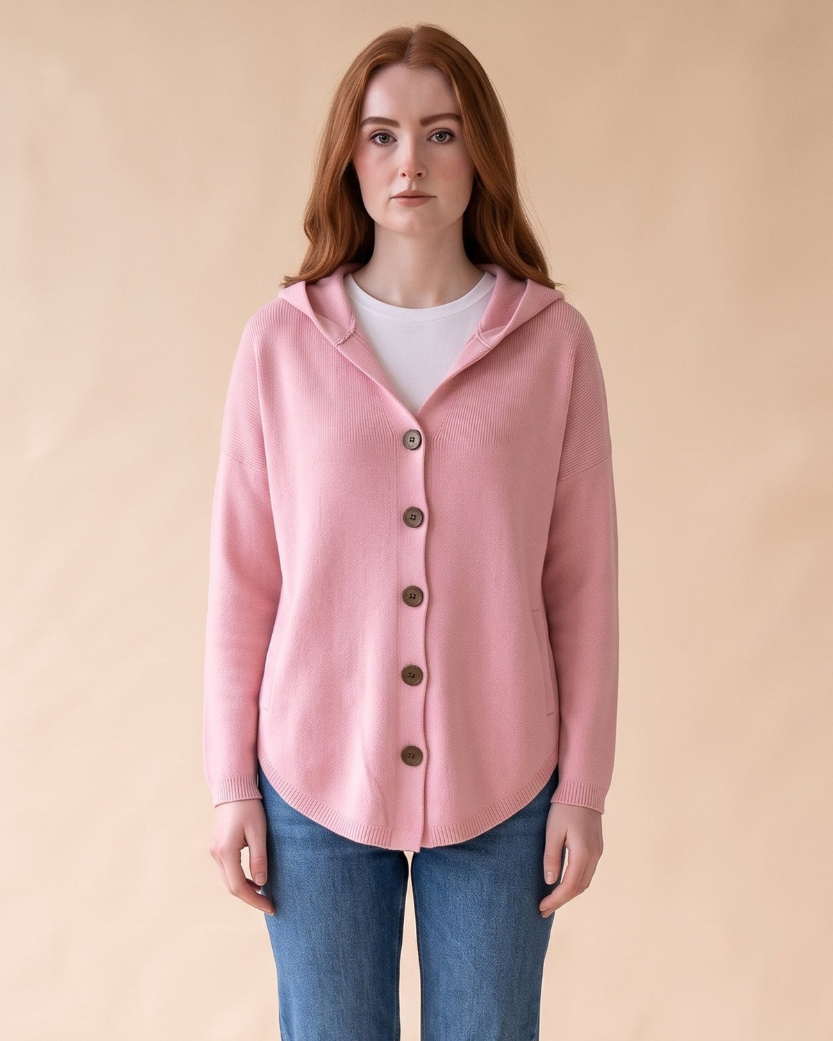 Hooded Button Cardigan in Pink, front view on model