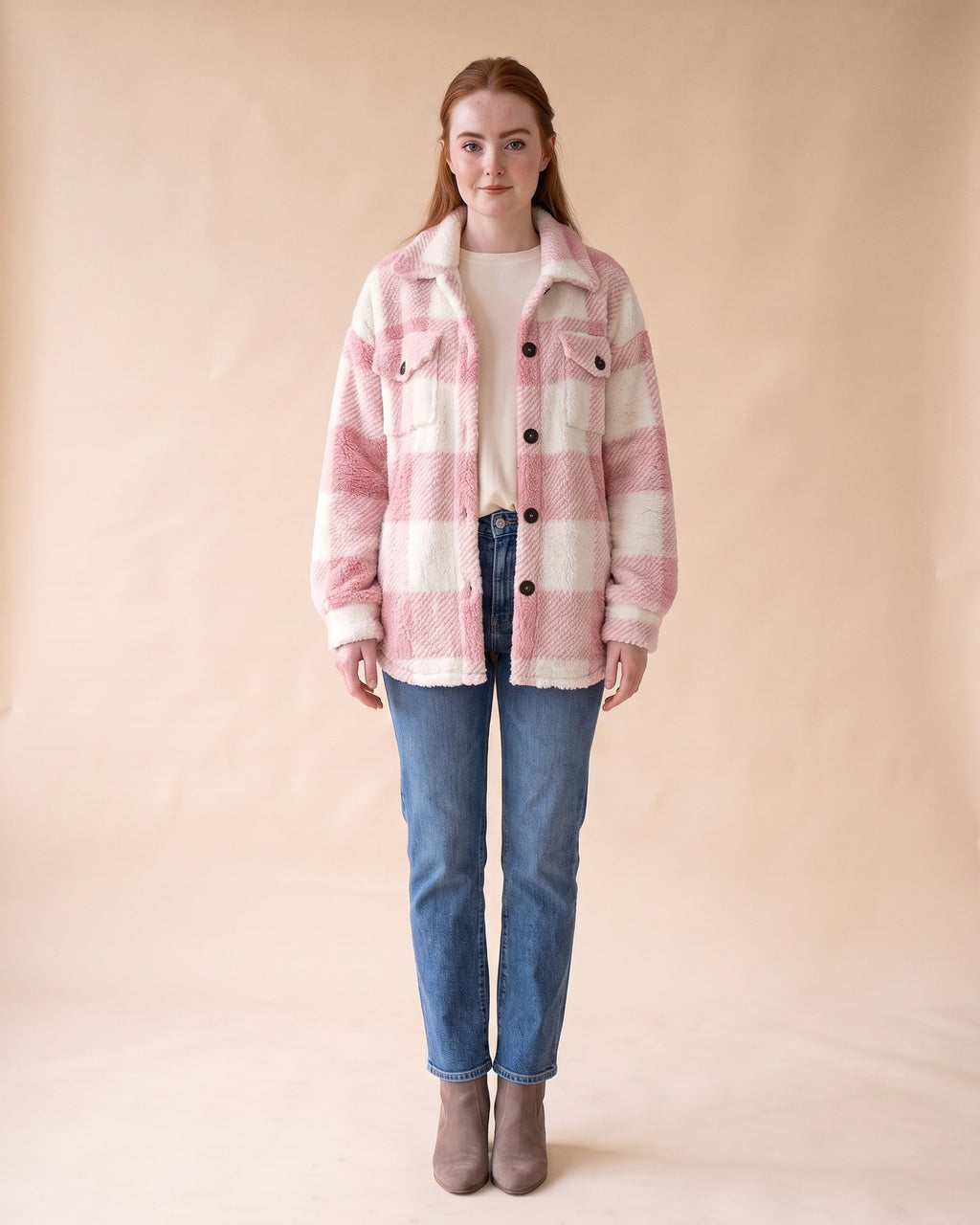 Plush Sherpa Shacket in Pink, full-length front view on model