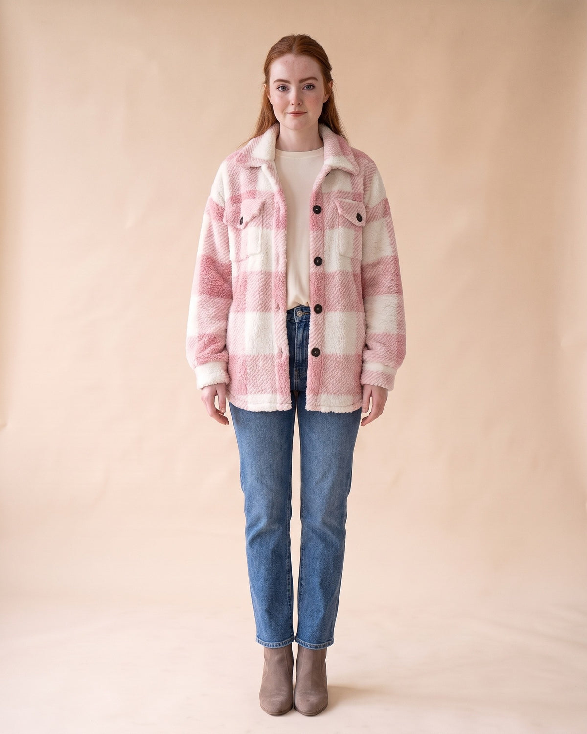 Plush Sherpa Shacket in Pink, full-length front view on model