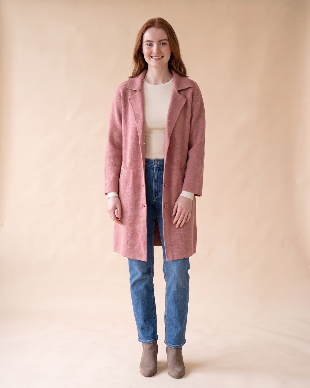 Notched Collar Cardigan in Pink, full-length front view on model