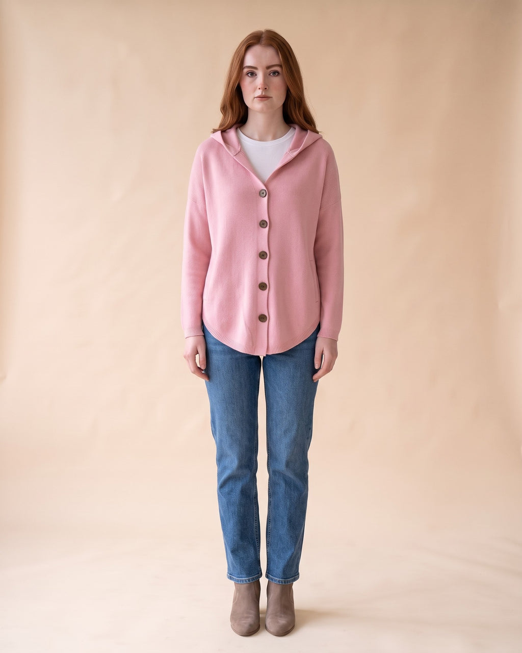 Hooded Button Cardigan in Pink, full-length front view on model