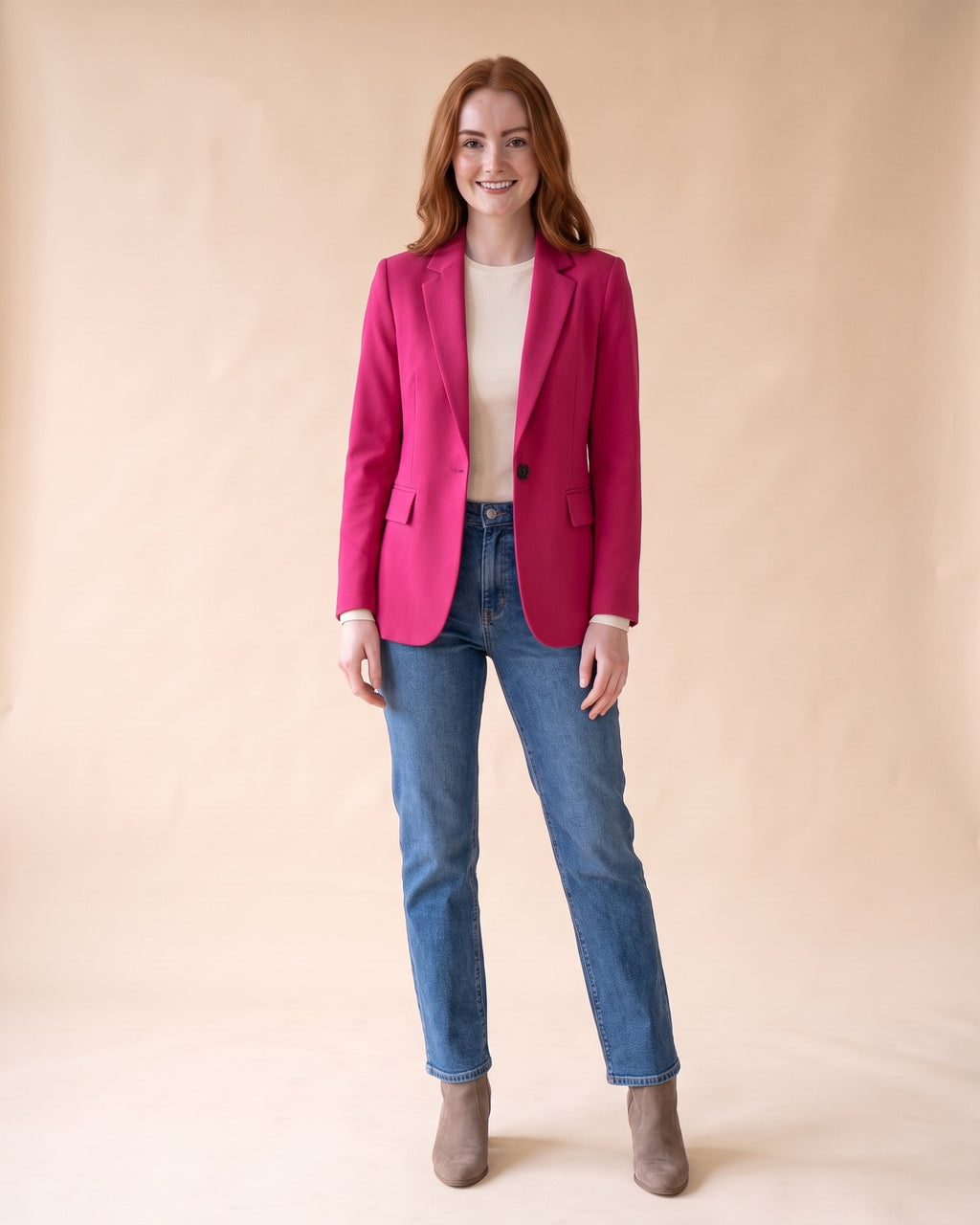 Classic Fitted Blazer in Pink, full-length front view on model
