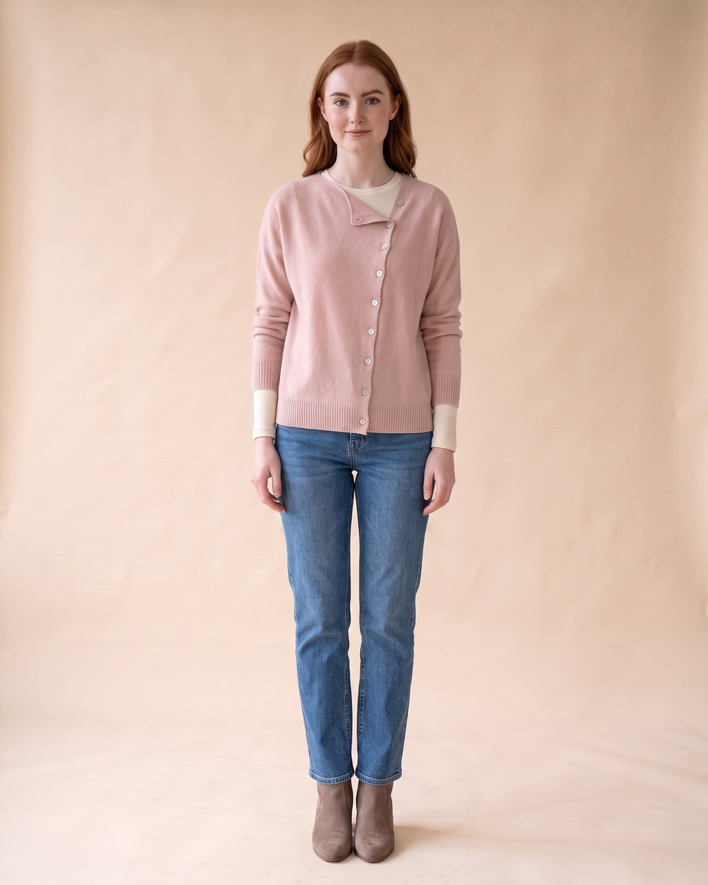Asymmetric V-Neck Cardigan in Pink, full-length front view on model