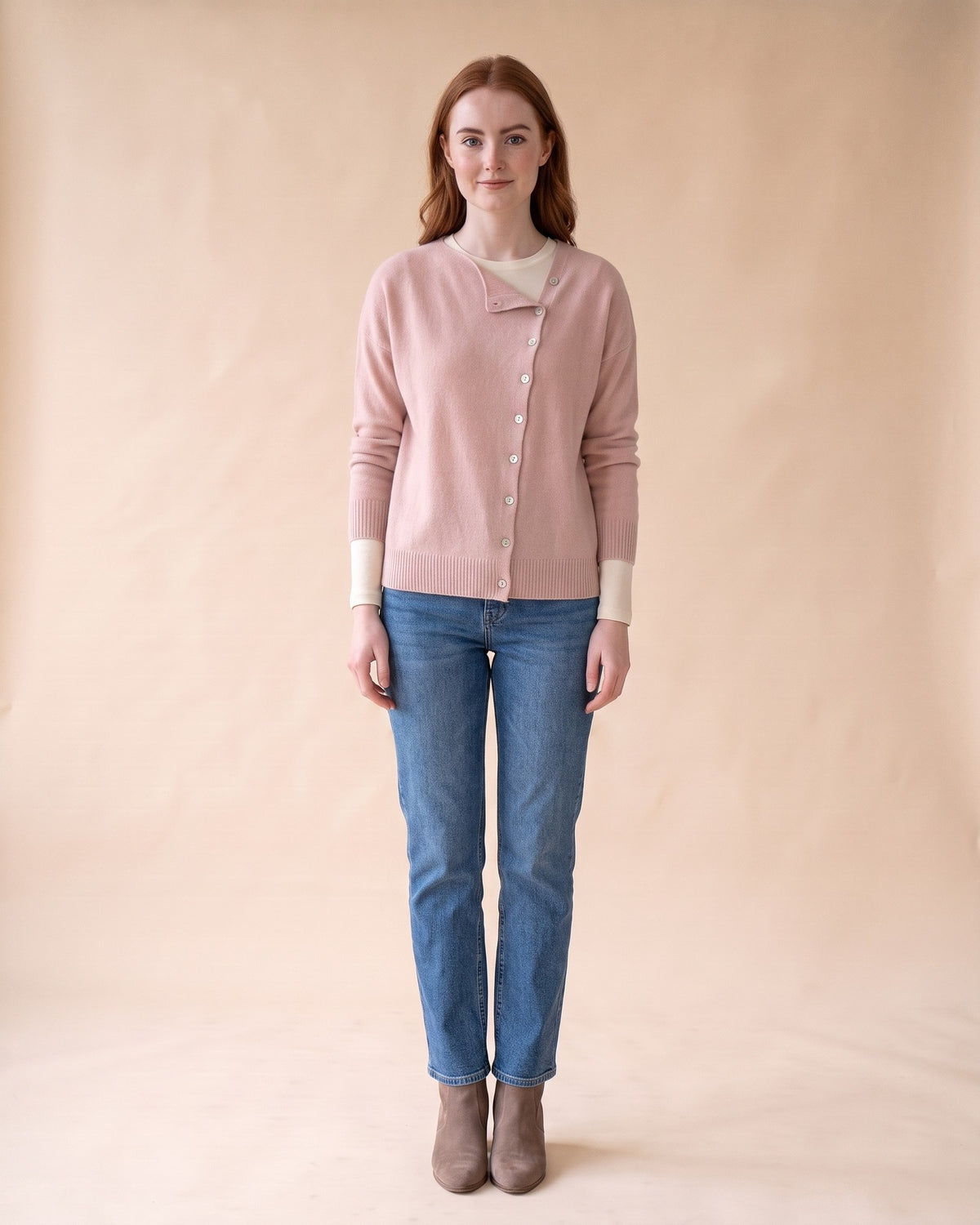 Asymmetric V-Neck Cardigan in Pink, full-length front view on model
