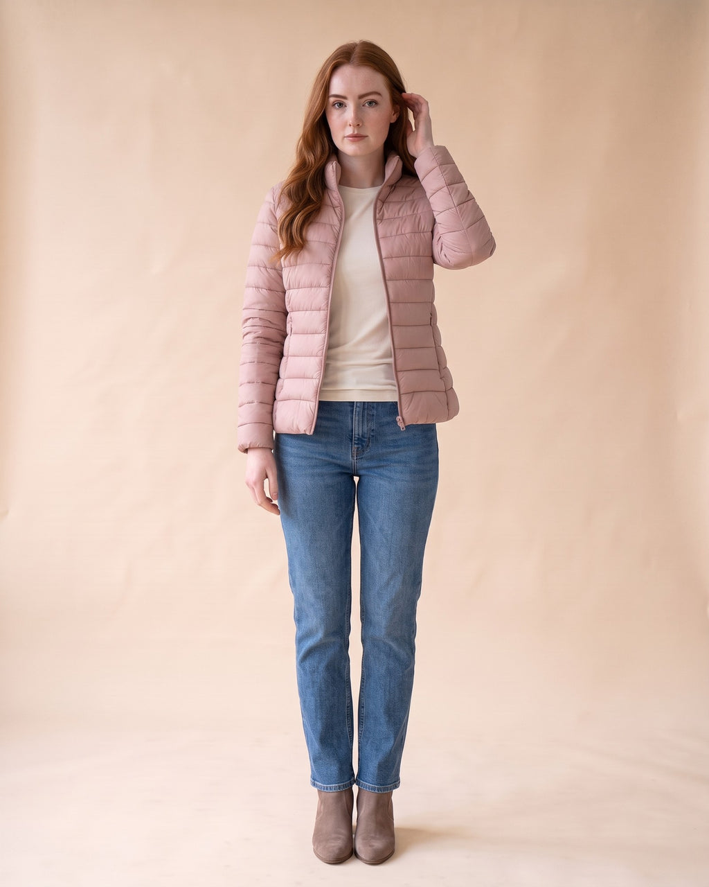Lightweight Puffer Jacket in Pink, full-length front view on model