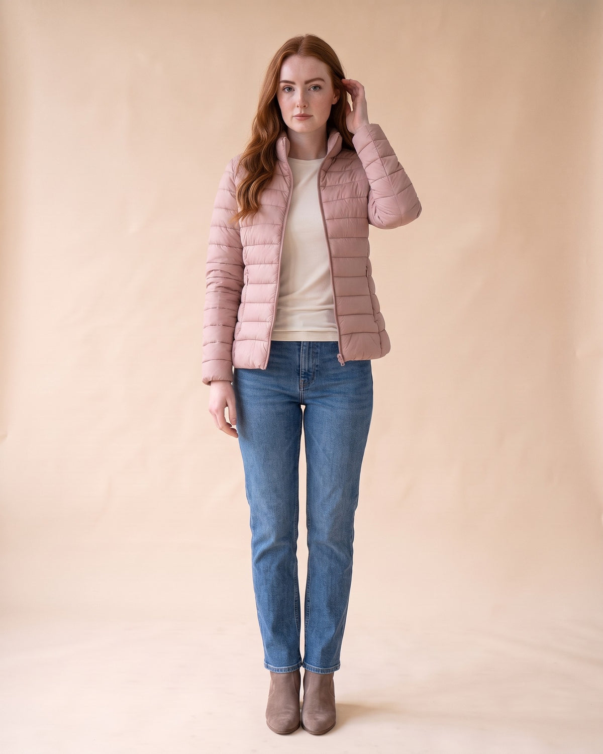 Lightweight Puffer Jacket in Pink, full-length front view on model
