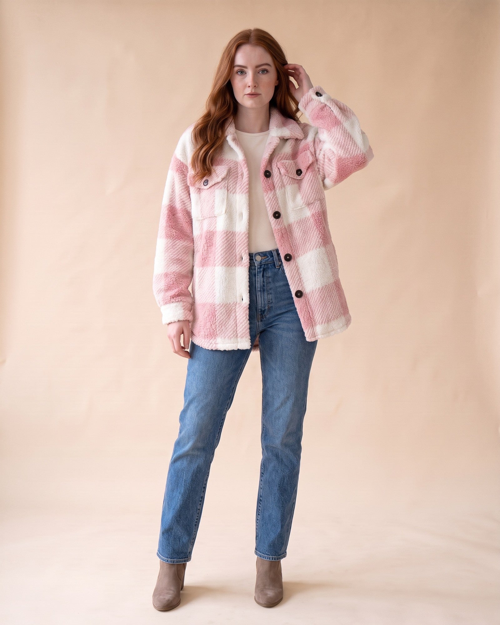 Plush Sherpa Shacket in Pink, styled full-length view on model