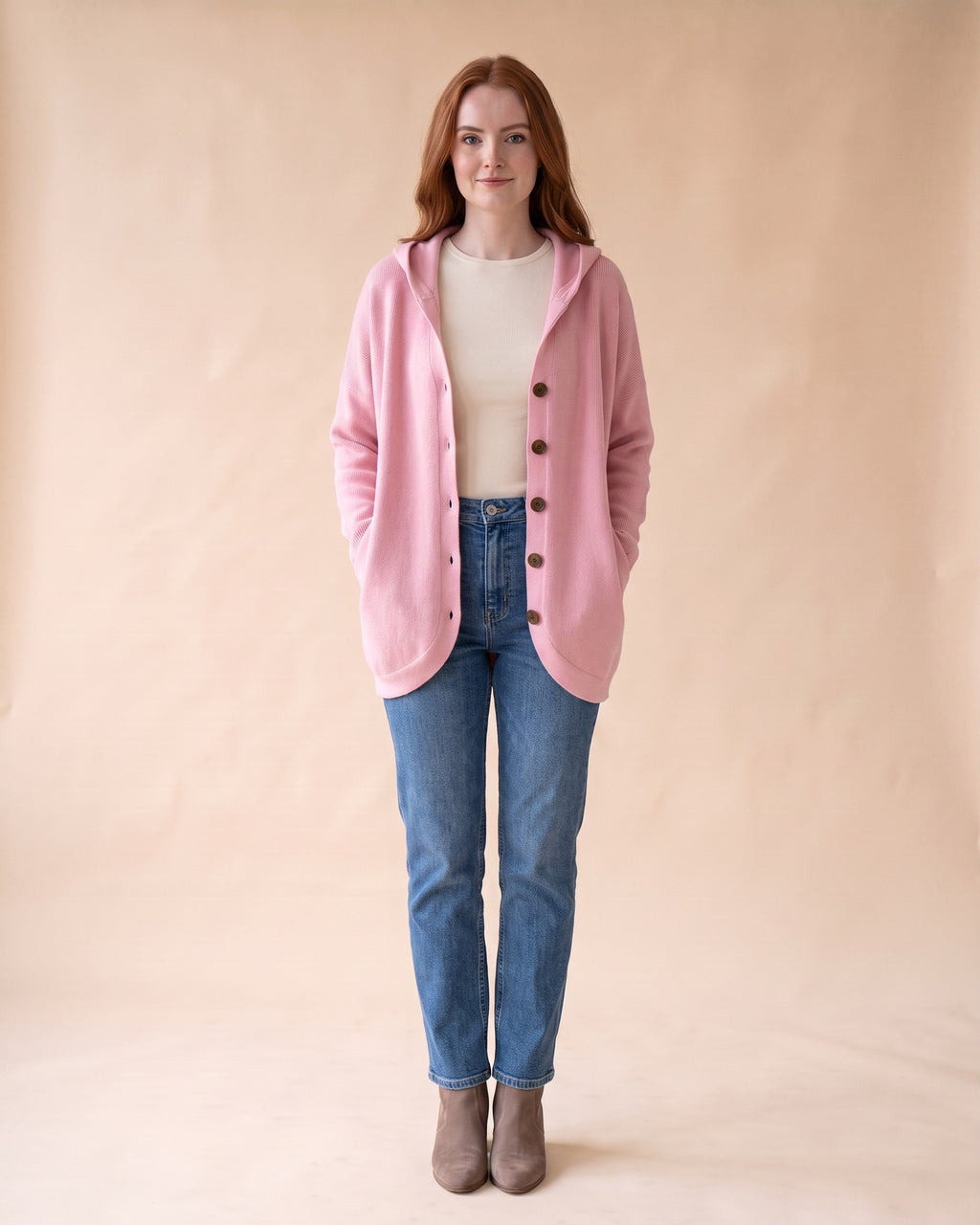 Hooded Button Cardigan in Pink, styled full-length view on model