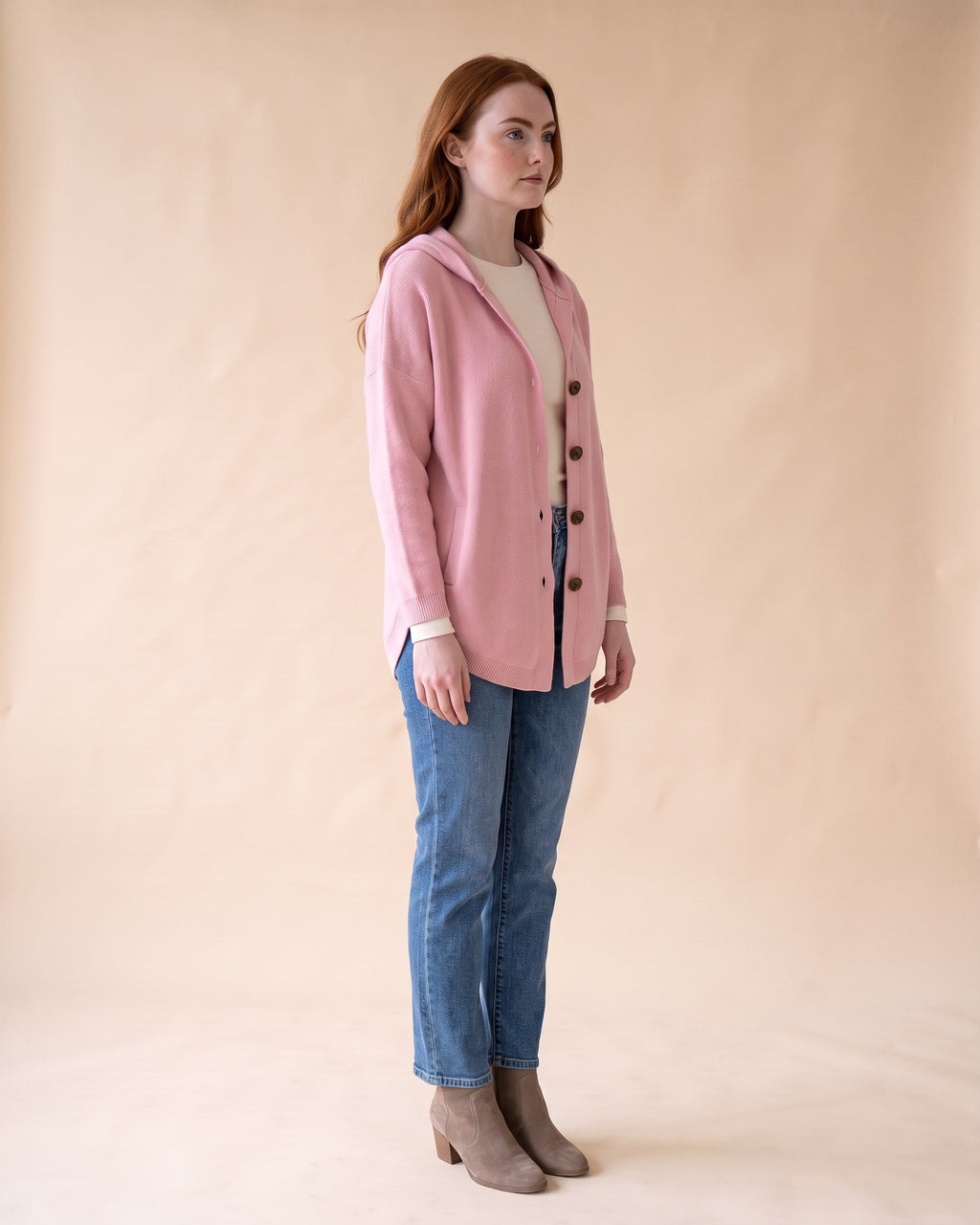 Hooded Button Cardigan in Pink, full-length side view on model