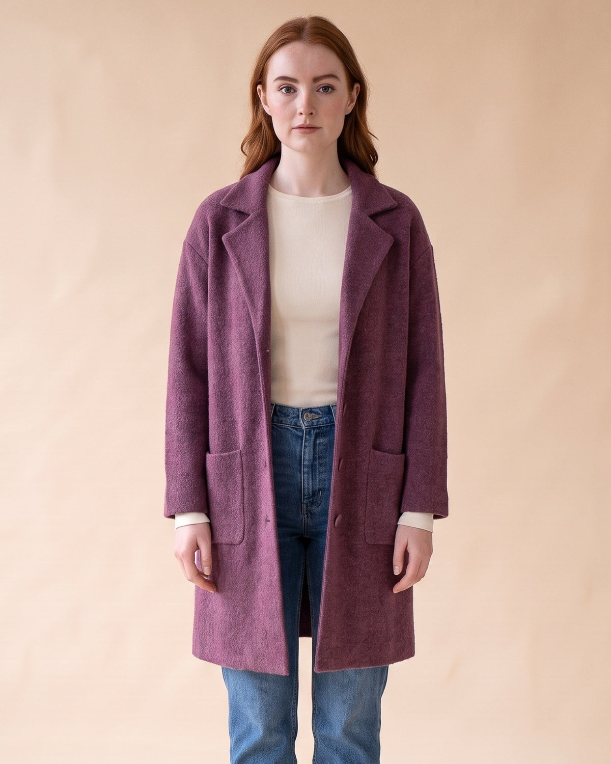 Notched Collar Cardigan in Purple, front view on model
