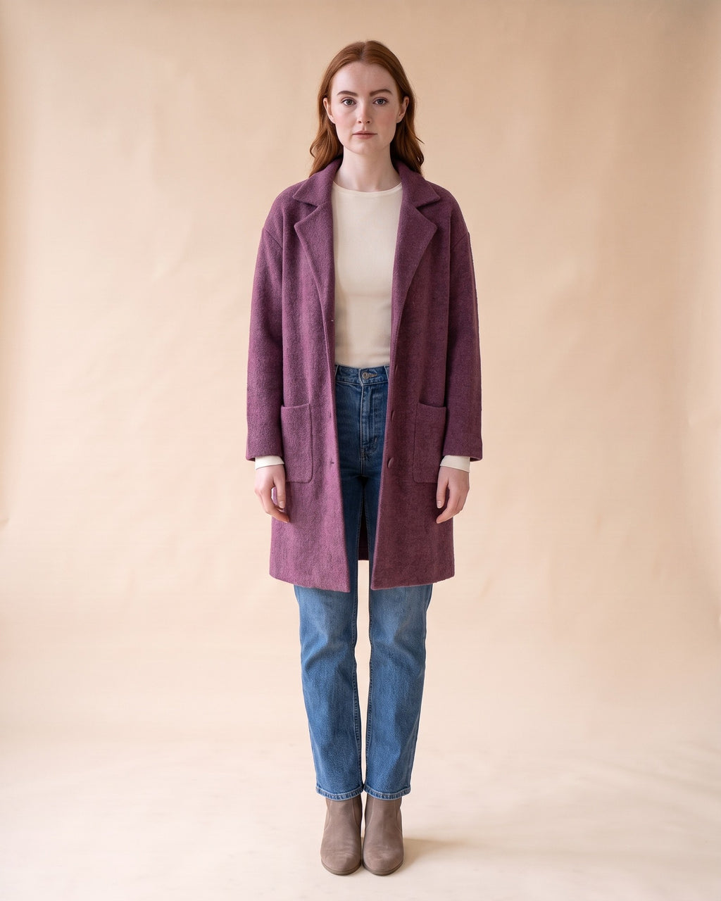 Notched Collar Cardigan in Purple, full-length front view on model