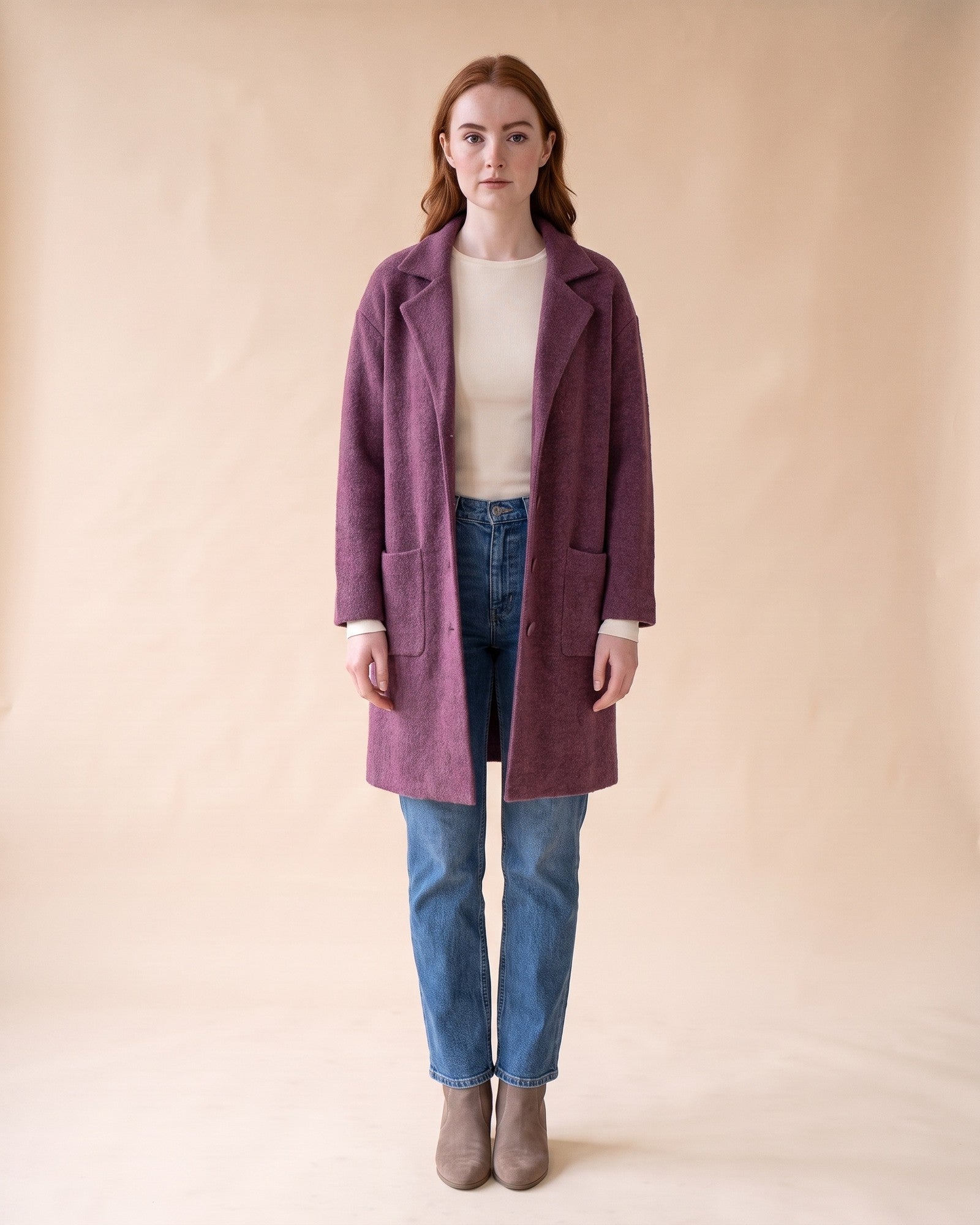 Notched Collar Cardigan in Purple, full-length front view on model