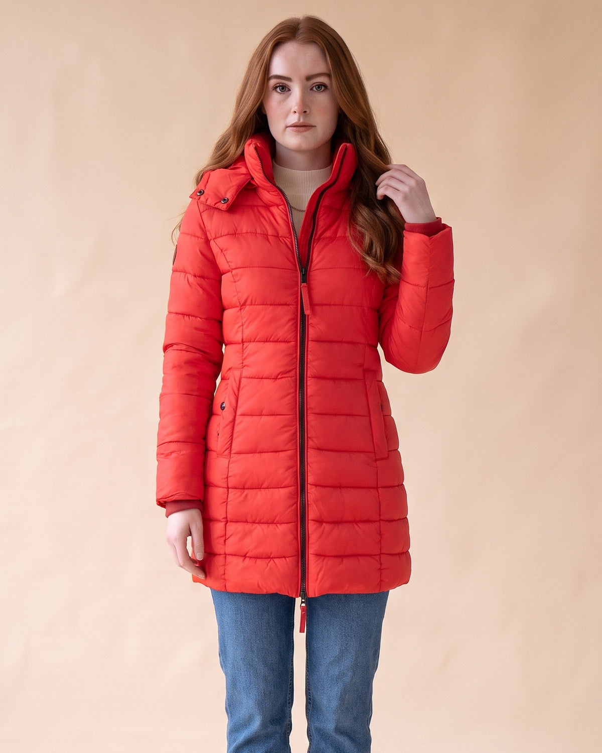Long Quilted Puffer in Red, front view on model
