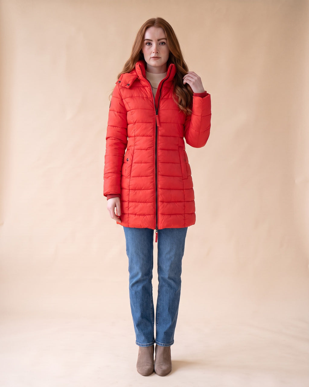 Long Quilted Puffer in Red, full-length front view on model