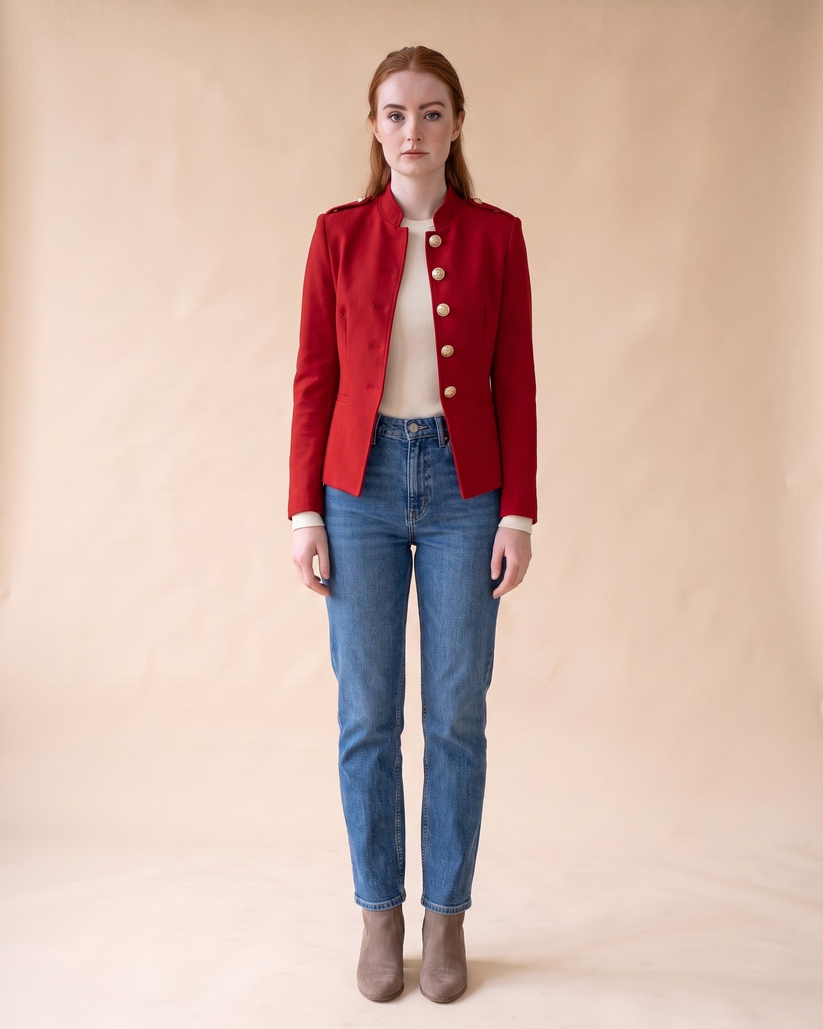 Military-Style Blazer in Red, full-length front view on model