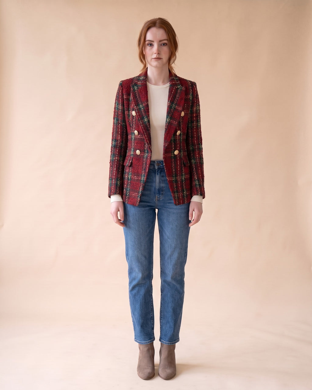 Plaid Tweed Blazer in Red, full-length front view on model