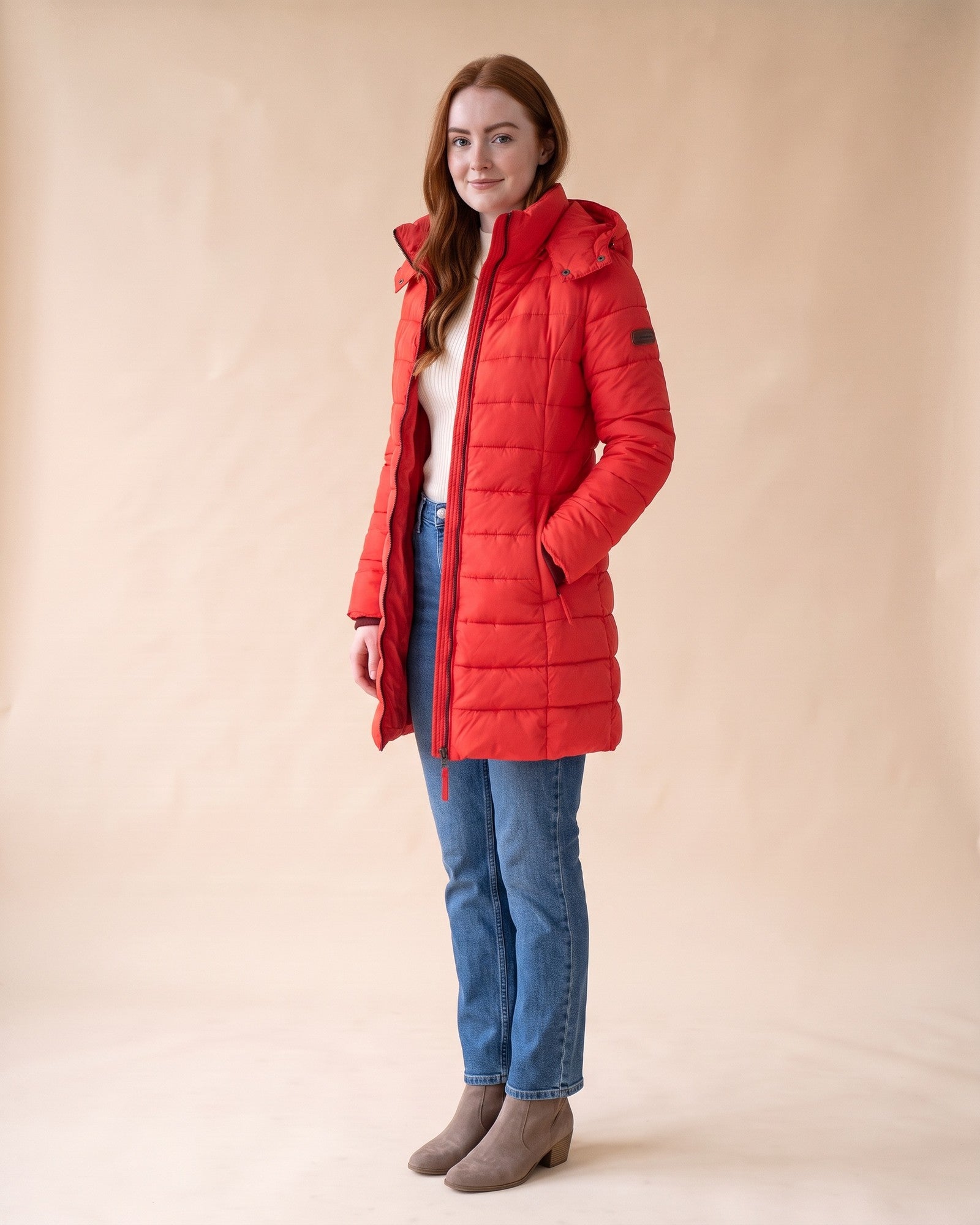 Long Quilted Puffer in Red, styled full-length view on model